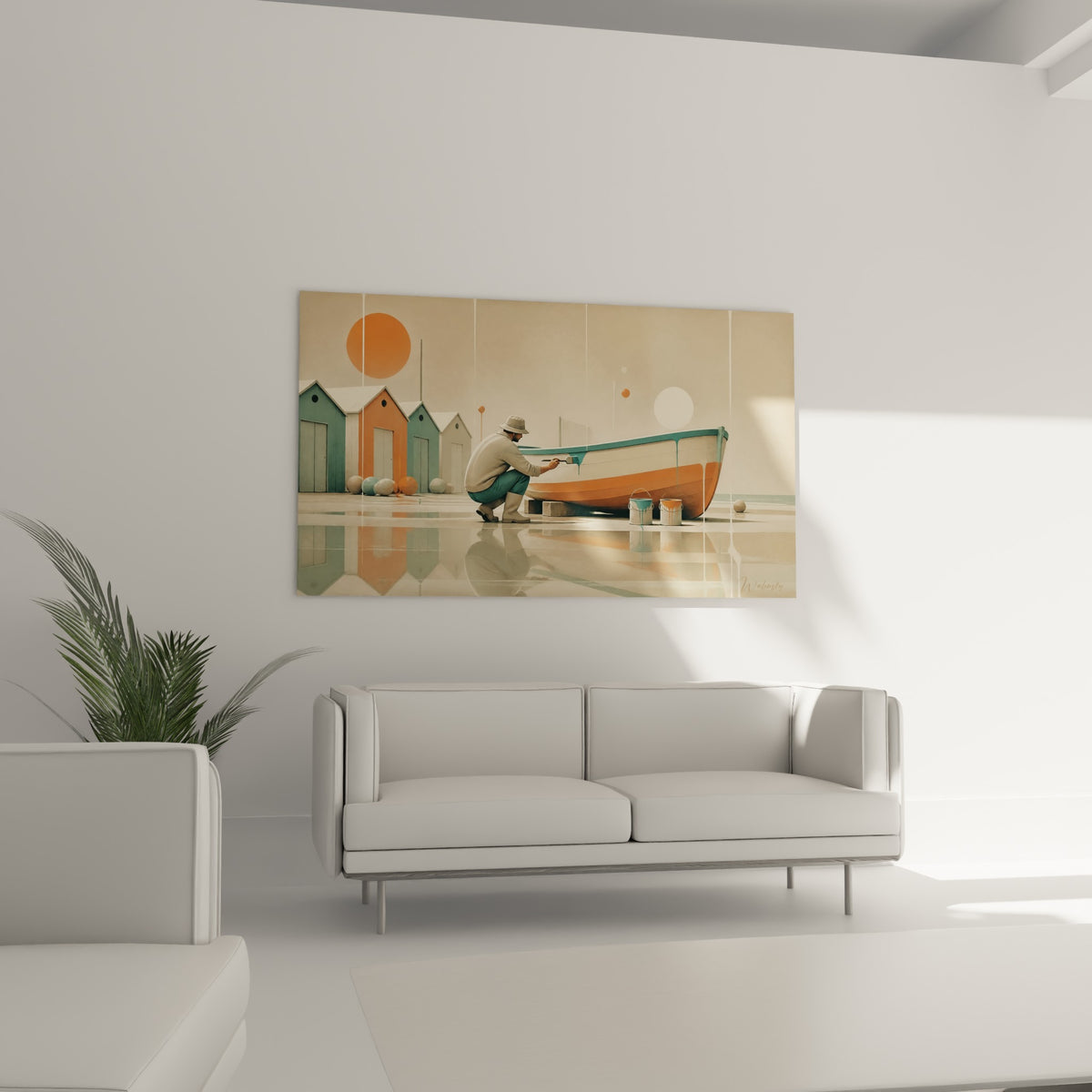Cabanes bleu pastel et corail en fond d'un pêcheur au travail, œuvre placée au-dessus d'un canapé dans un salon lumineux