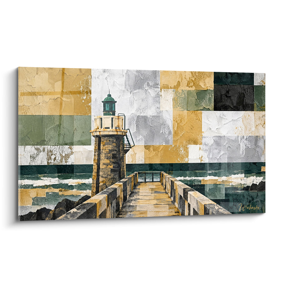 Gemälde Leuchtturm aus Stein auf goldenem Pier - Auf dem Weg aufs offene Meer - Edition Capbreton Nouvelle-Aquitaine France