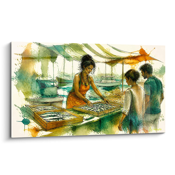 Tableau Poissonnière du port aux caisses orange et vertes - Scène de marché - Edition Capbreton