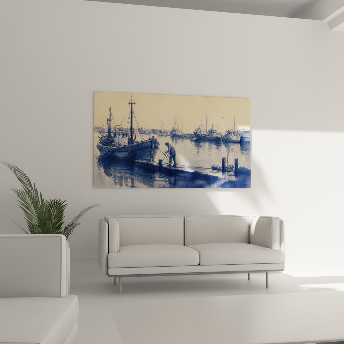 Port de pêche bleu marine et jaune sable au-dessus d'un canapé dans un salon lumineux