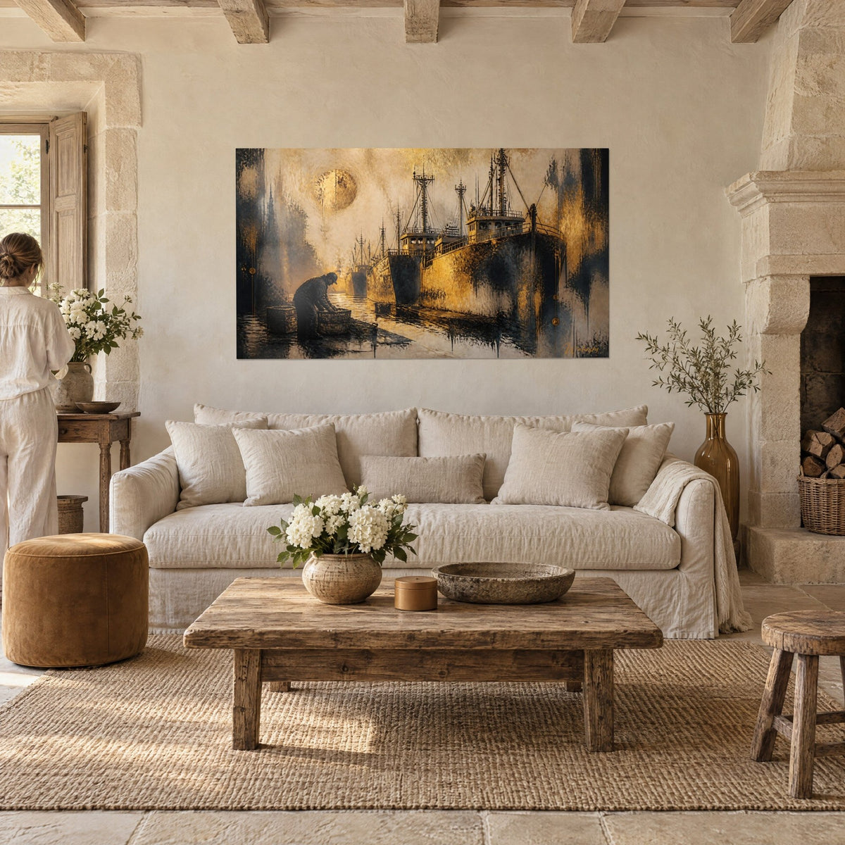 Wall art rusted trawlers with tangled masts, ochre and gold sky, hammered sun, above a sofa in a bright living room