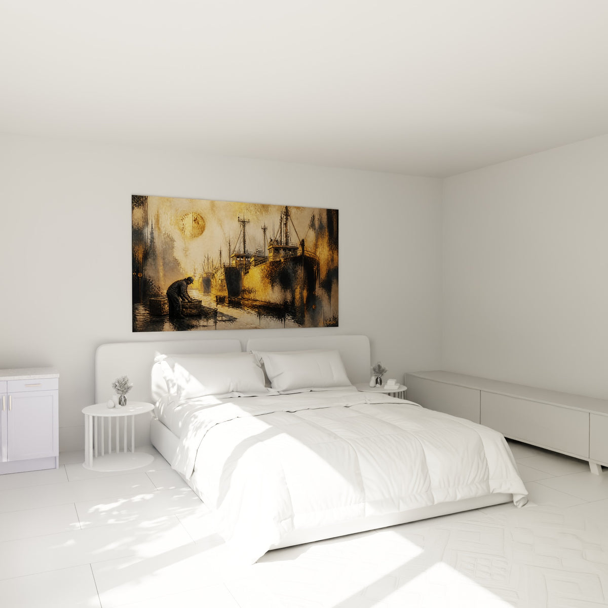 Pêcheur et bateaux dorés, tons ocre et anthracite, au-dessus d'un lit dans une chambre claire