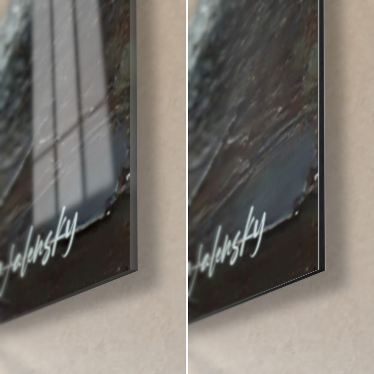 Schilderij surfer in de deining, rechter onderhoek: glanzend acrylglas links, mat zwart Dibond rechts, 3 mm rand