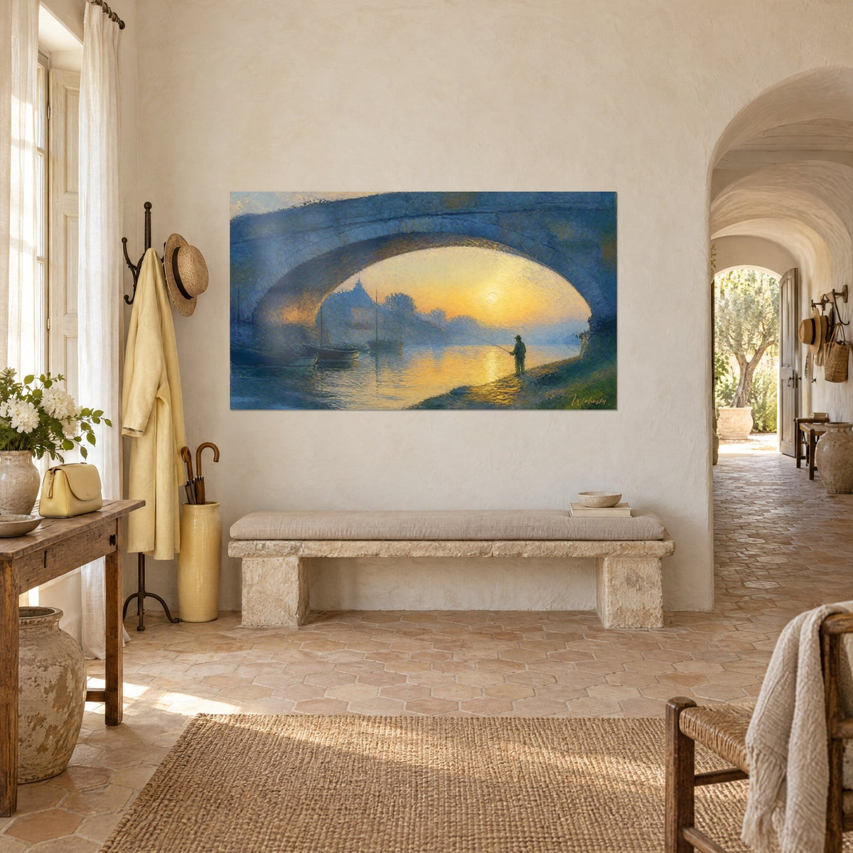 Tableau pont de pierre bleu cobalt voûté, lever de soleil jaune sur la rivière brumeuse, dans un couloir de mas provençal