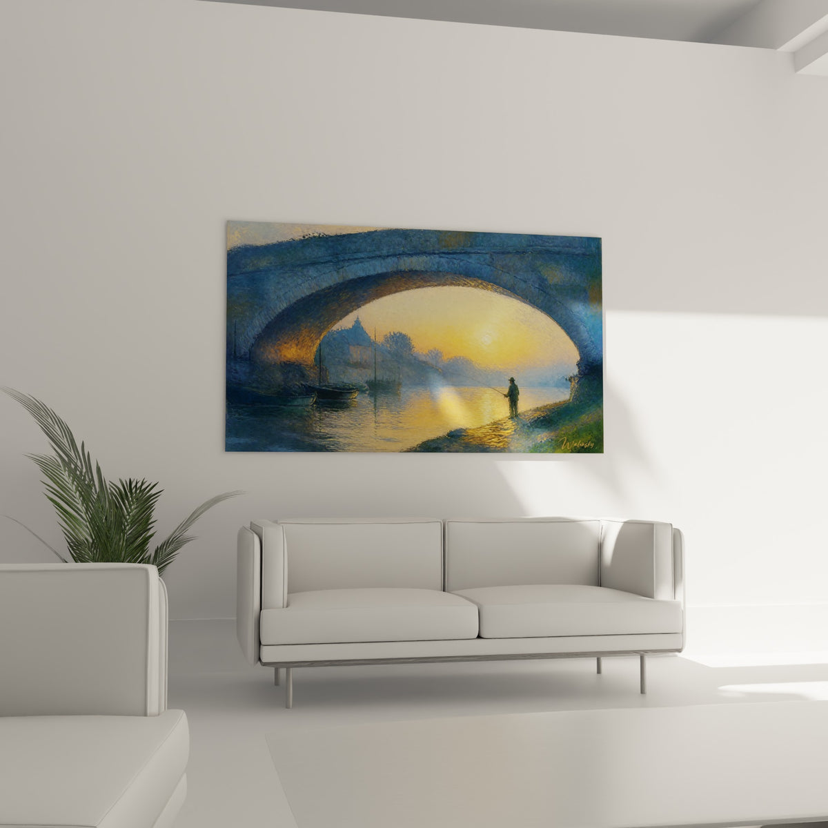 Silhouette d'un pêcheur sous une arche bleue baignée d'or, au-dessus d'un canapé dans un salon lumineux