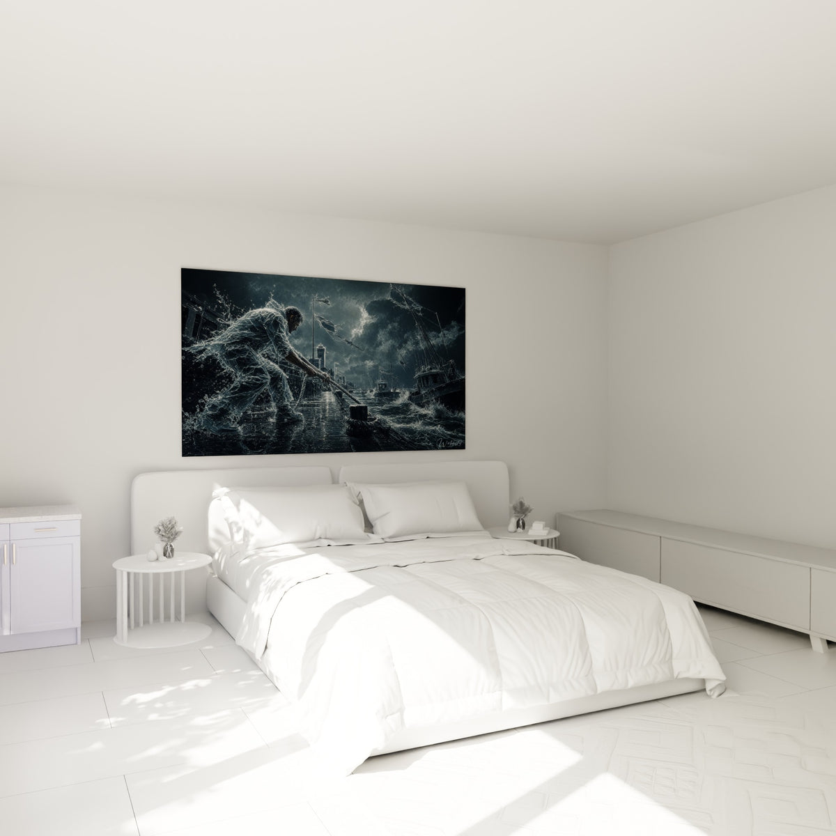 Silhouette liquide tirant une corde sur fond bleu nuit, accrochée au-dessus d'un lit dans une chambre claire