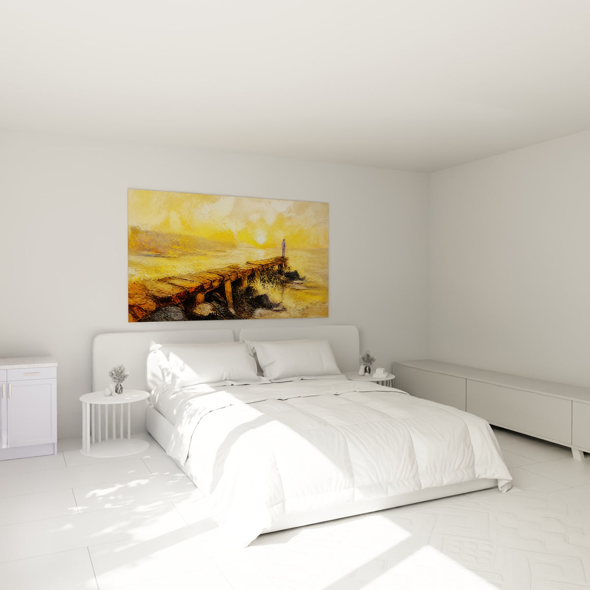 Silhouette d'un pêcheur au bord de l'eau, tableau Capbreton doré et ocre au-dessus d'un lit dans une chambre claire