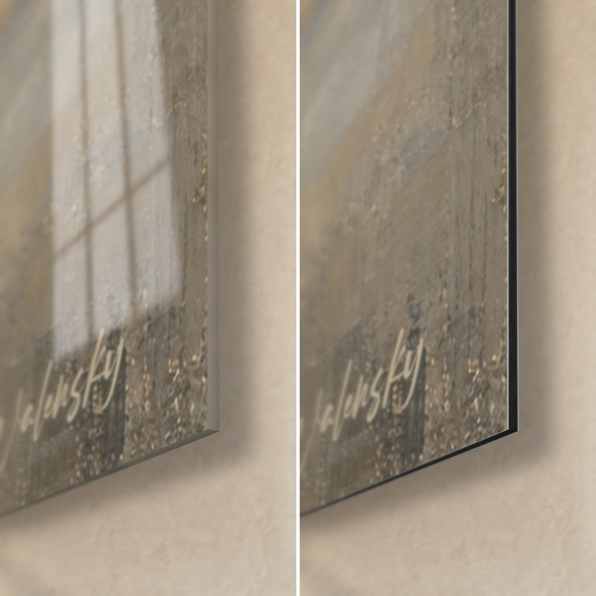 Wall art surfer seen from behind on a black board, bottom right corner: glossy glass with reflections, matt Dibond, 3 mm edge, golden signature