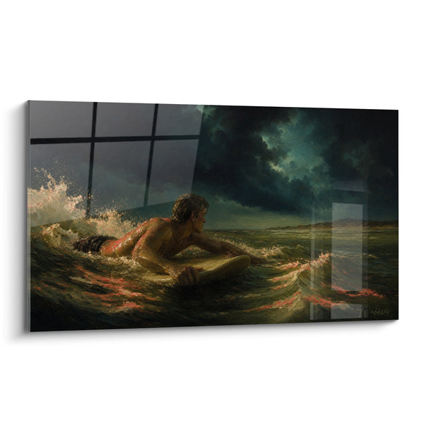 Tableau Surfeur allongé sur planche vert sombre - Veille avant l'assaut - Edition Capbreton