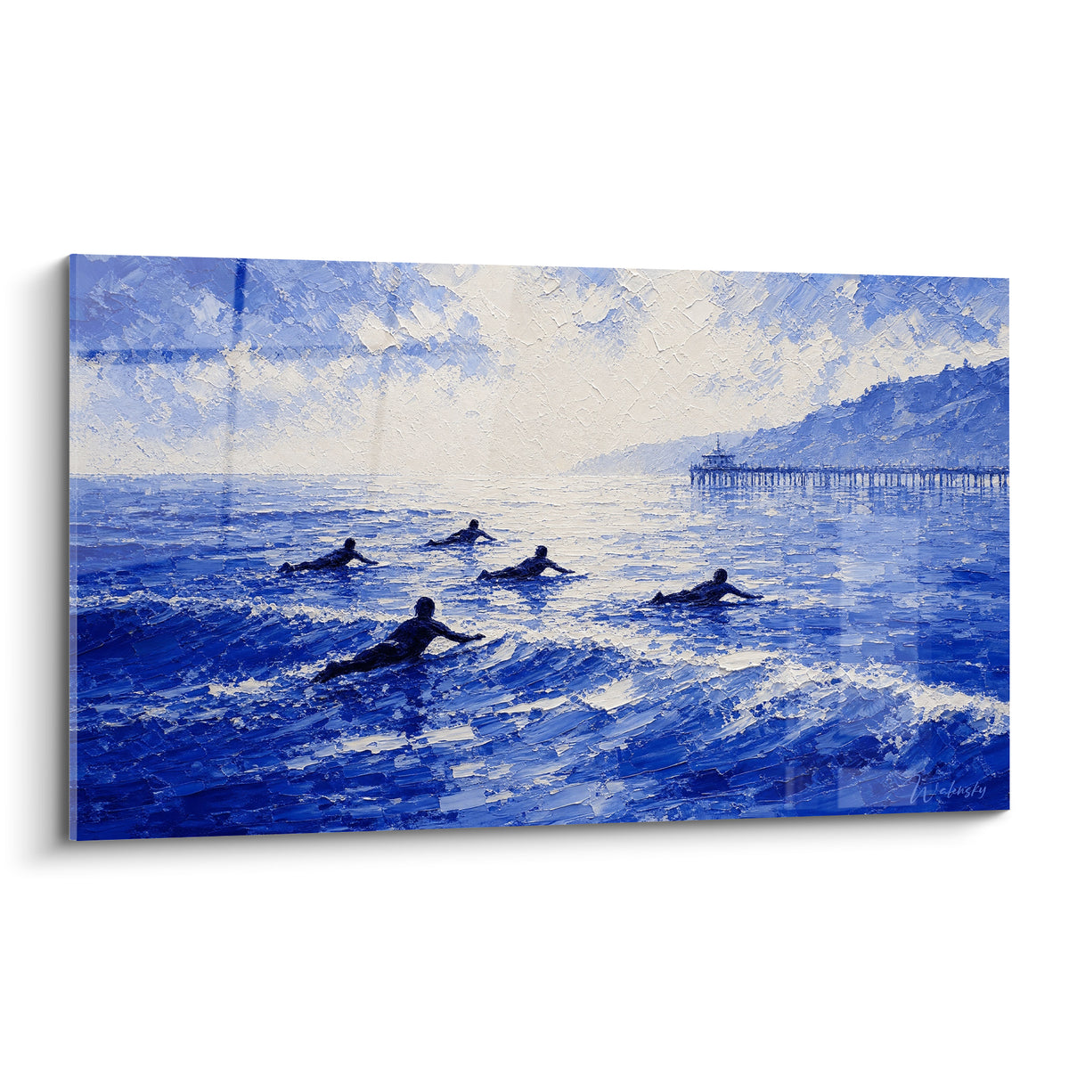 Wall art surfers in navy blue and white paddling toward the wave, textured oil painting with thick impasto