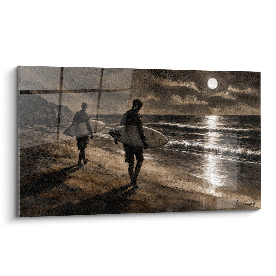 Tableau Surfeurs silhouettés sous pleine lune - Marche vers l'océan - Edition Capbreton