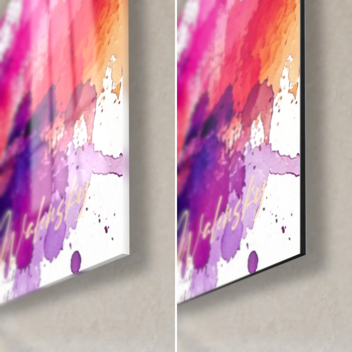 Cuadro bañista de espaldas en la orilla de la ola, salpicaduras magenta y violetas, esquina inferior derecha en cristal brillante y Dibond mate