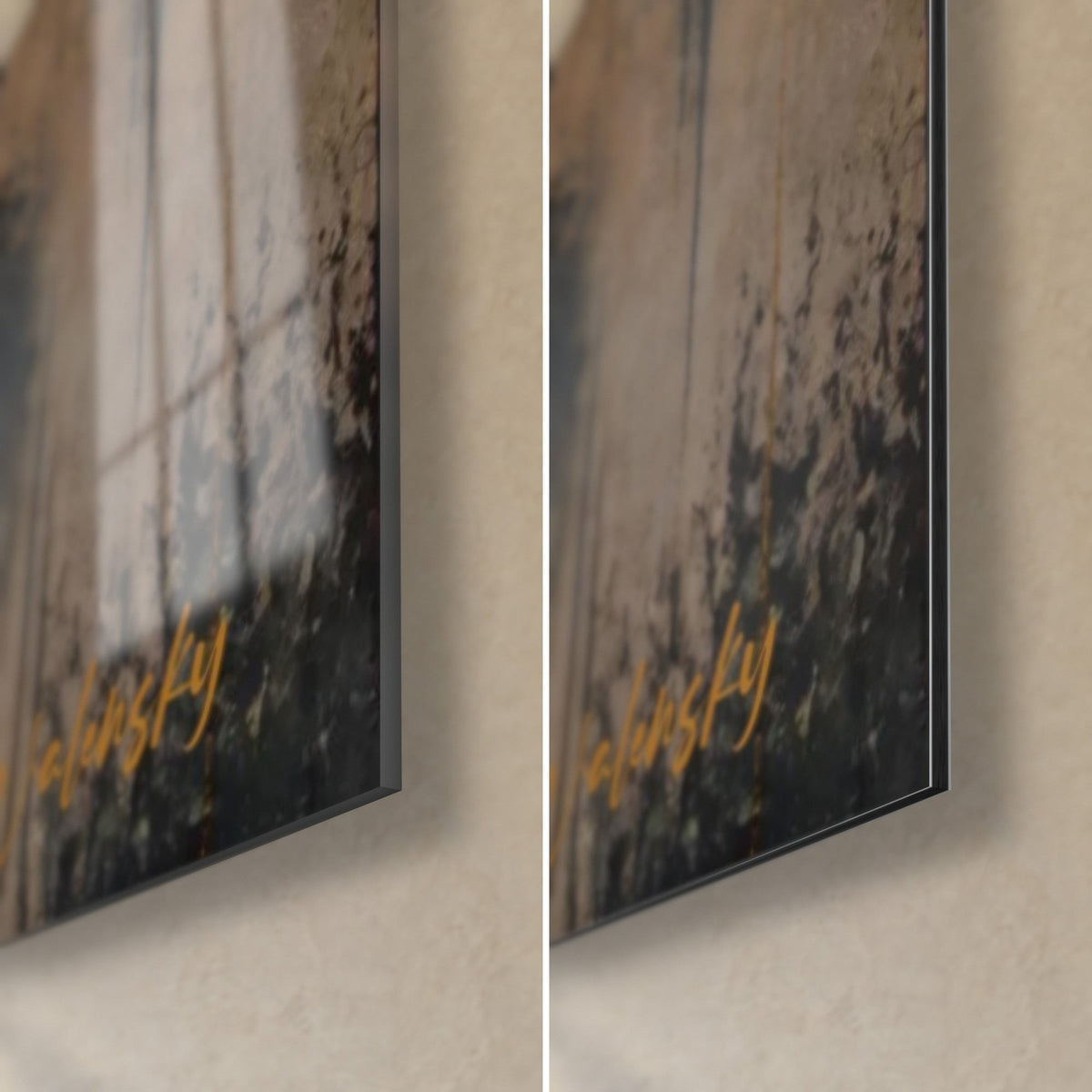 Wall art fishing fleet in gold and coal black, bottom right corner: glossy acrylic glass on the left, matte Dibond aluminium on the right