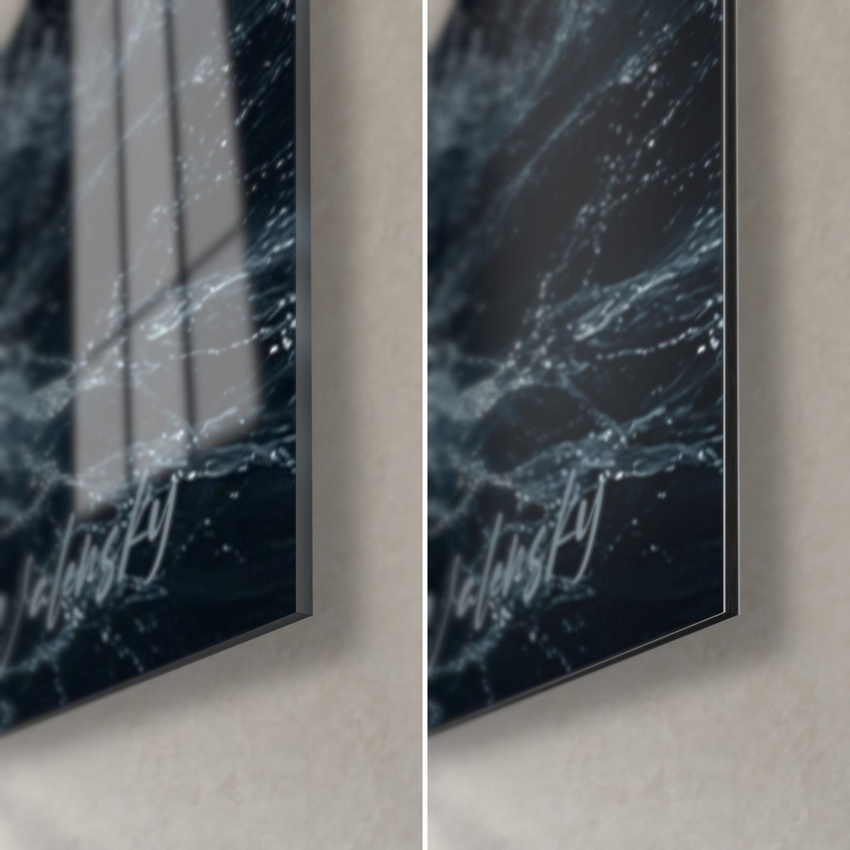 Tableau pêcheur de gouttes et d'écume, coin bas droit : verre brillant reflets bleu nuit, Dibond mat noir, tranche de 3 mm