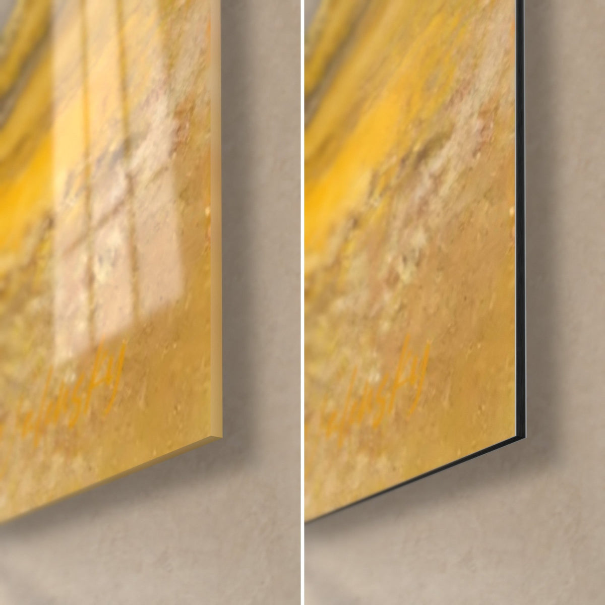 Tableau ponton doré et ocre, coin bas droit : verre acrylique brillant reflétant la fenêtre, alu Dibond noir mat, tranche 3 mm
