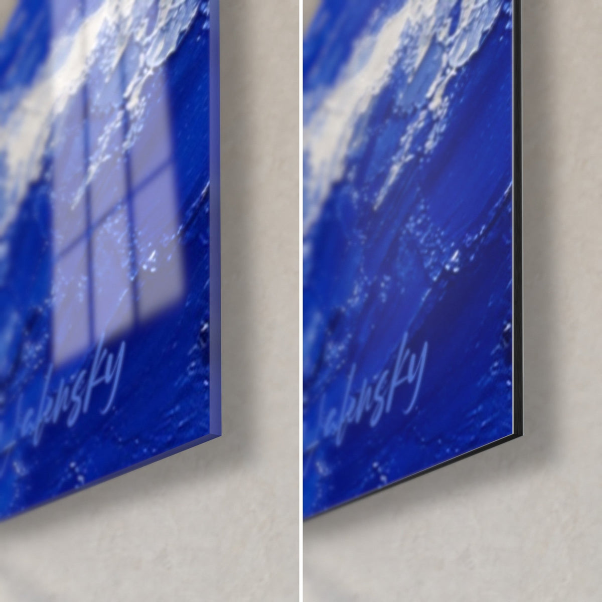Wall art paddlers on indigo waves, bottom right corner: glossy acrylic glass on the left, matte white Dibond aluminium on the right, 3 mm edge