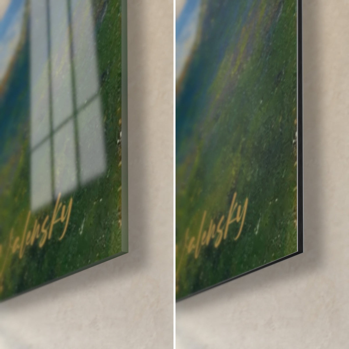 Tableau canne à pêche au bord de l'eau, coin bas droit vert sombre signé en doré, verre brillant à gauche, Dibond mat à droite