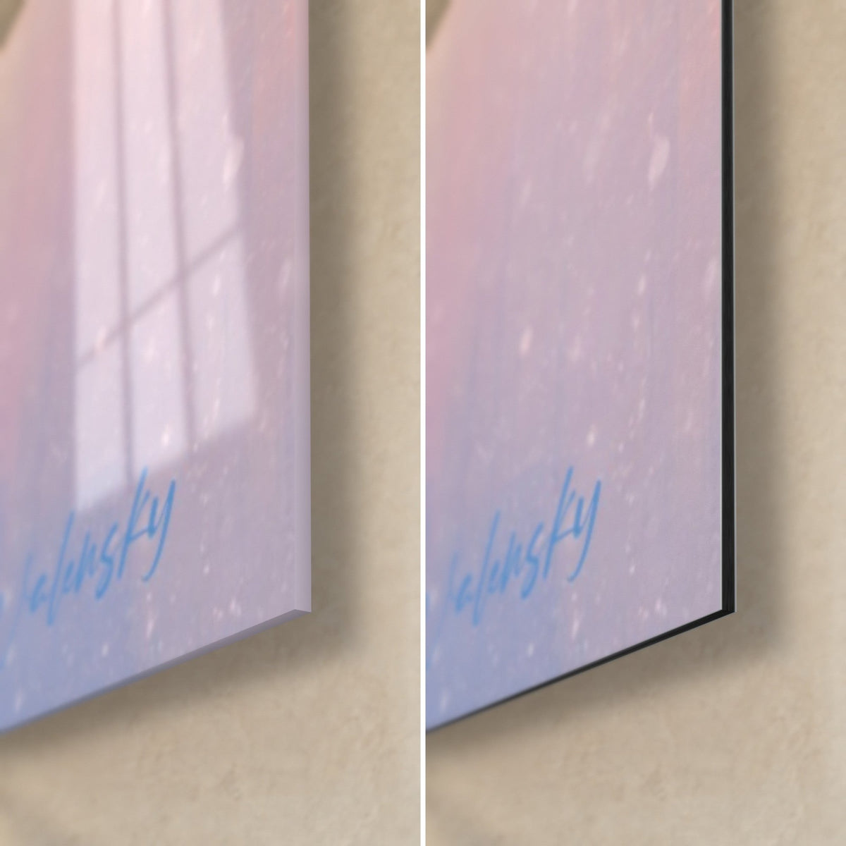 Tableau pêcheur sous la neige, coin bas droit : signature bleue sur flocons rose pâle, verre brillant et Dibond noir mat