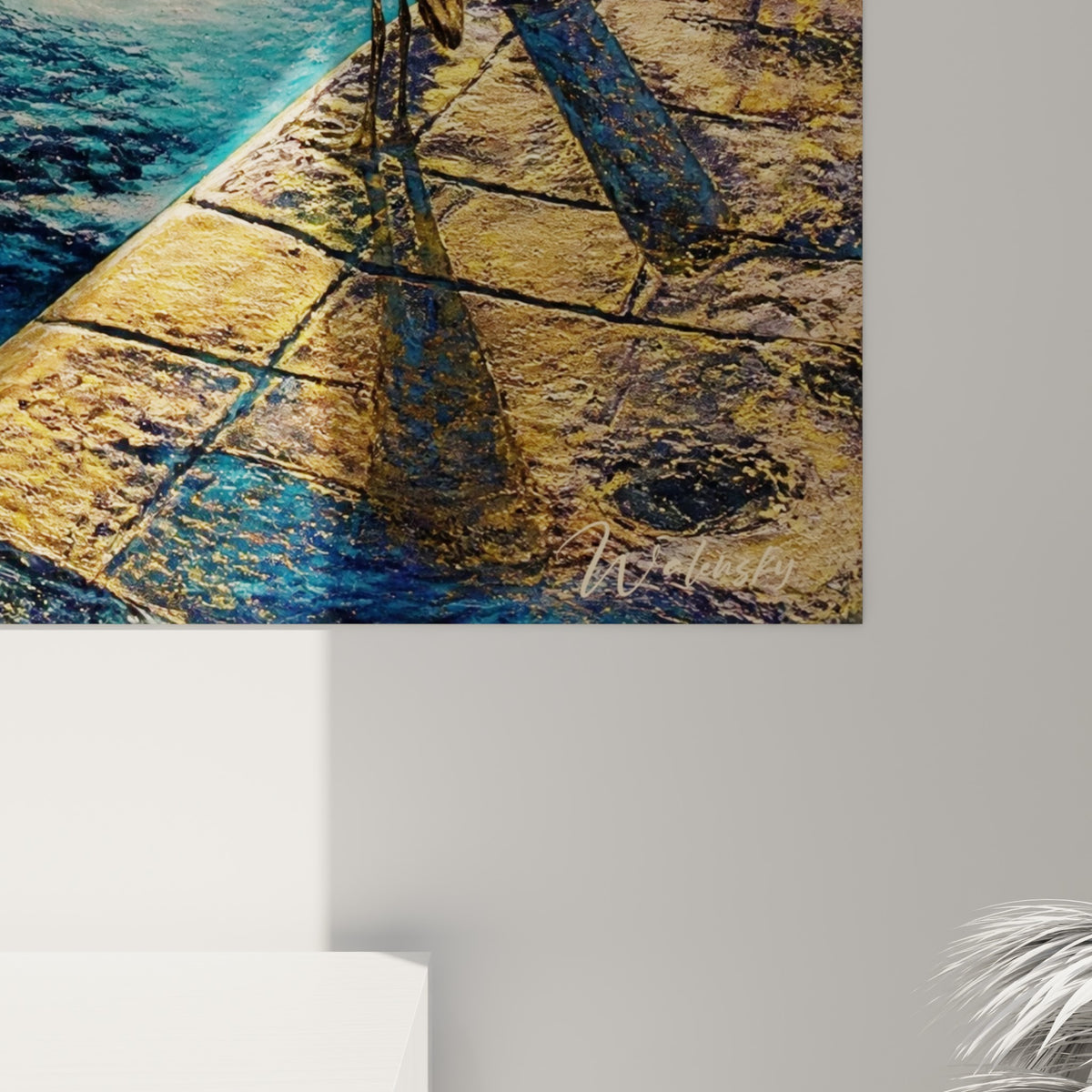 Matière épaisse et empâtements visibles sur les remous bleu turquoise et les reflets dorés du canal peint