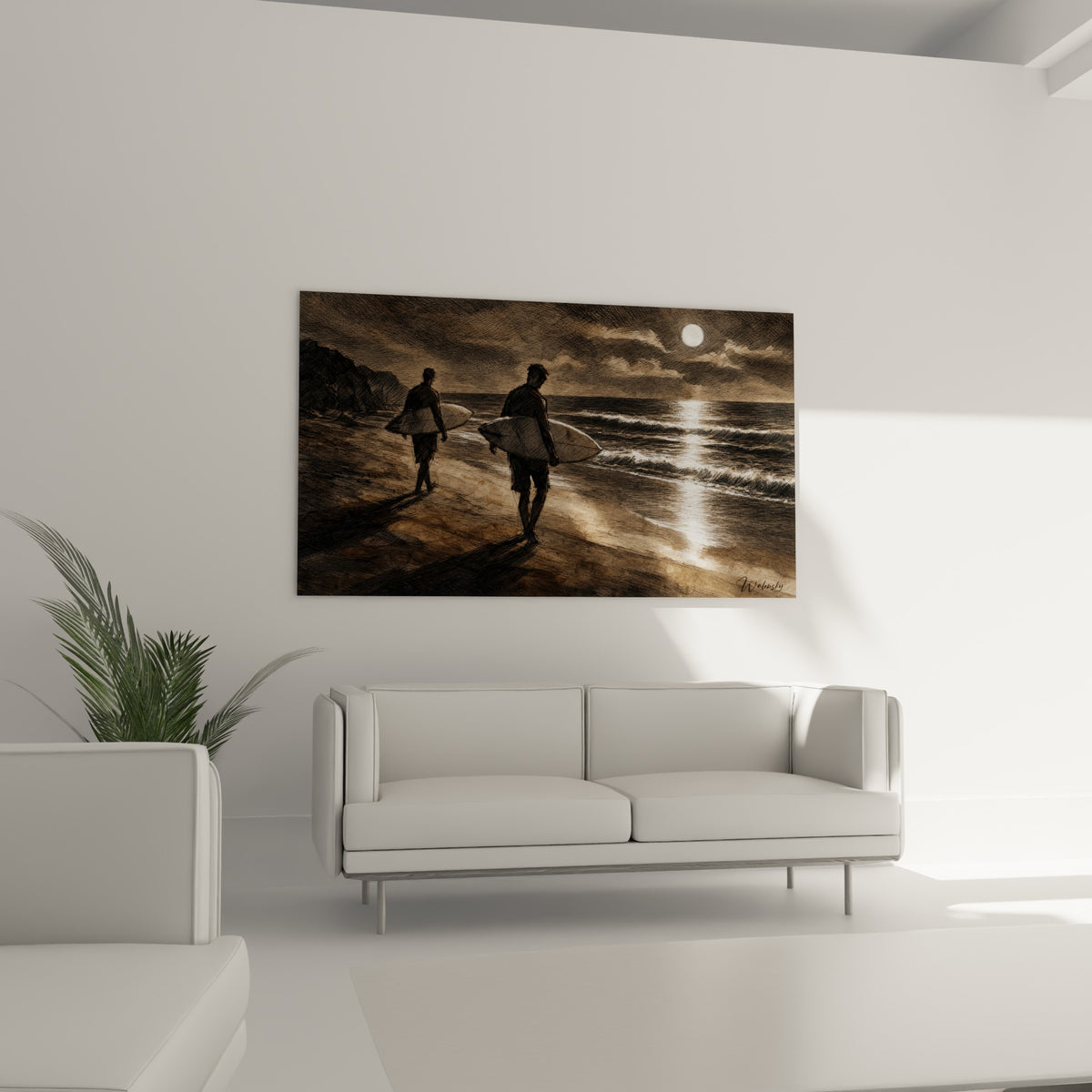 Silhouettes de surfeurs Capbreton dorées et brunes au-dessus d'un canapé dans un salon lumineux