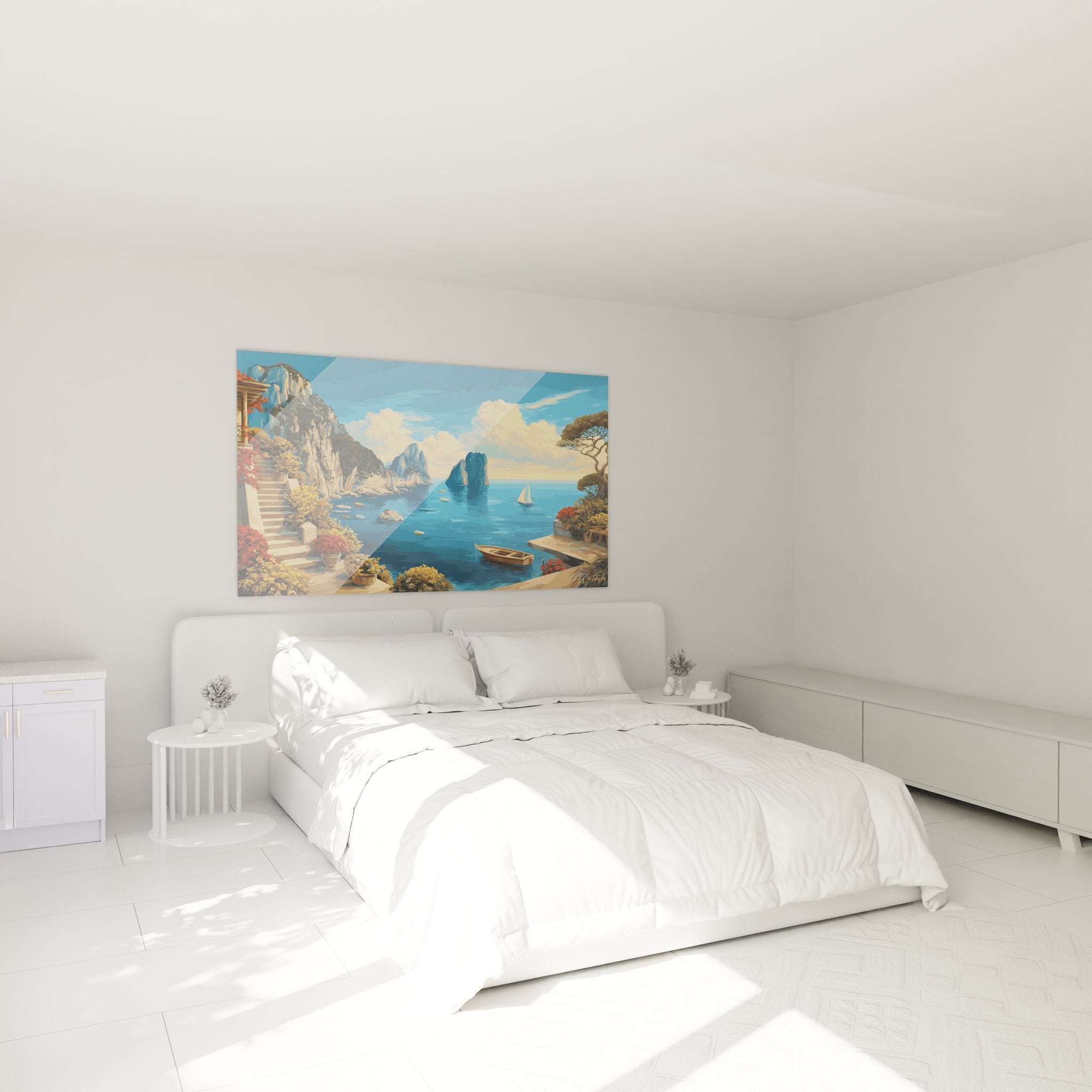 Tableau paysage côtier méditerranéen dans chambre, ambiance déco marine avec rochers bleus de Capri