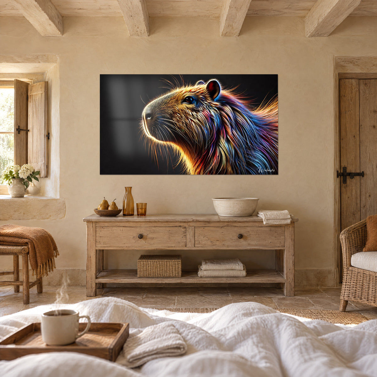 Cuadro retrato de capibara, ojo marrón con borde azul, melena roja y dorada sobre fondo negro, encima de una cama en un dormitorio luminoso