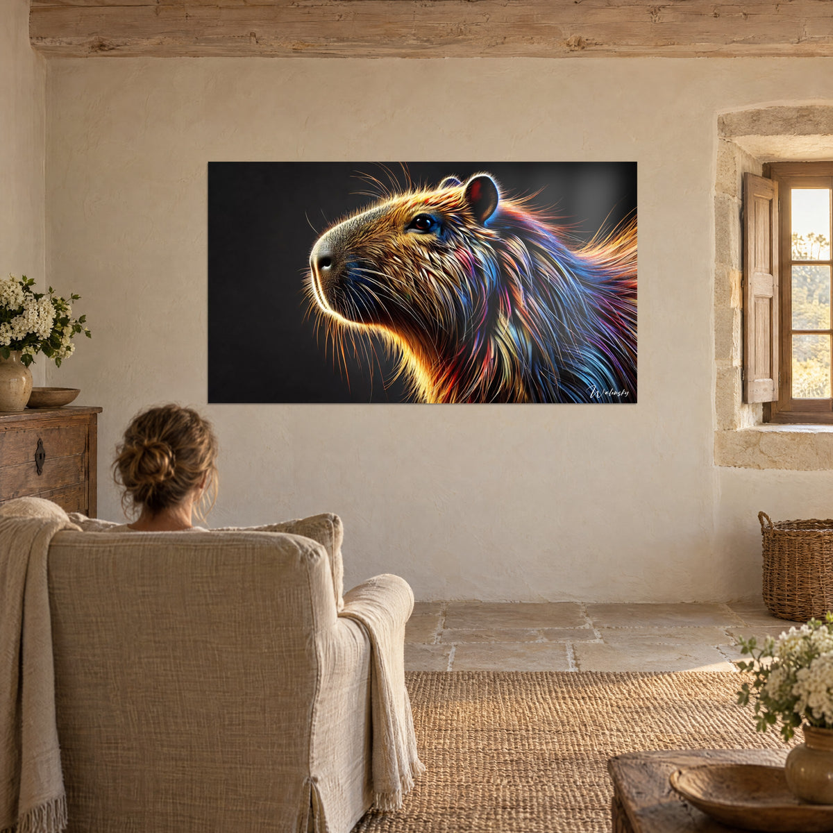 Cuadro de un capibara bajo luz iridiscente, pelaje amarillo azafrán y azul noche, pared de piedra clara, mujer sentada de espaldas en un sillón
