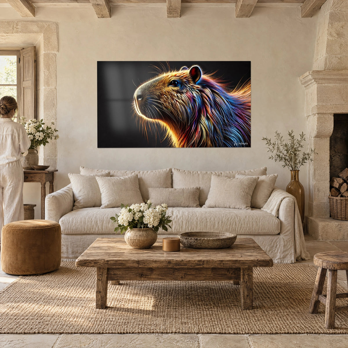 Cuadro de un capibara de perfil con pelaje ámbar y azul eléctrico sobre fondo negro, mujer de espaldas, encima de un sofá en un salón luminoso