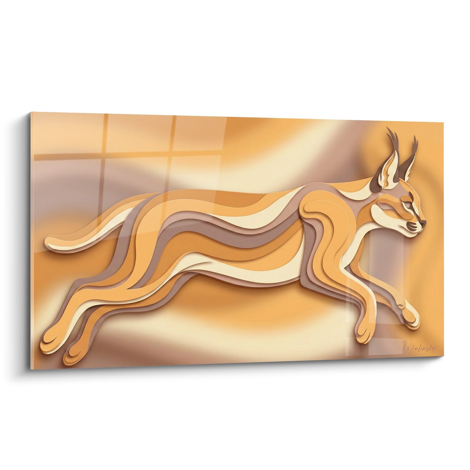 Wandgemälde springender Karakal in goldenen Beigetönen mehrschichtige Reliefkunst modernes wildes Felinen-Kunstwerk Bewegung