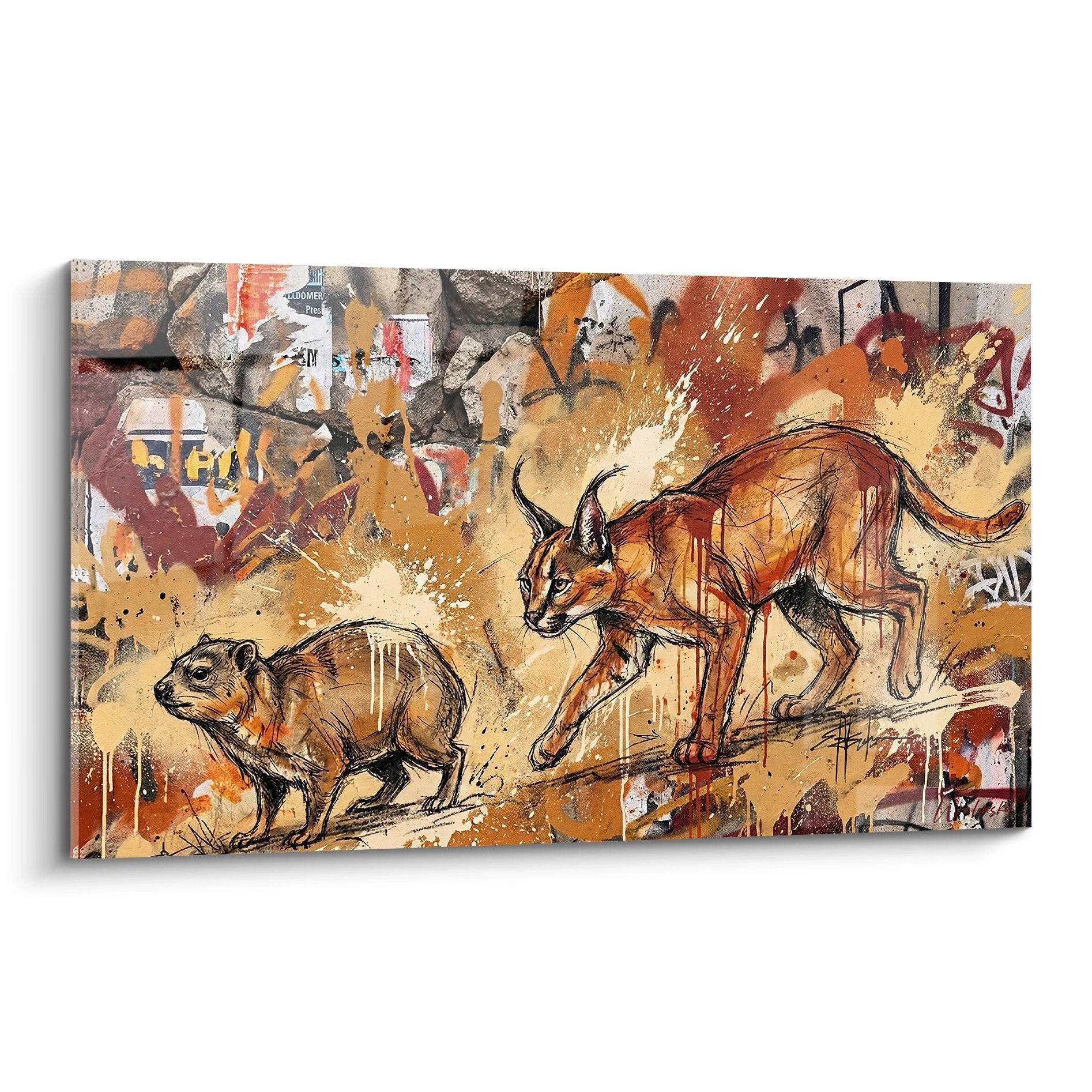Luchs-Gemälde bei der Jagd auf Nagetiere vor ockerrotem und rotem Graffiti-Hintergrund, zeitgenössische urbane Tierkunst