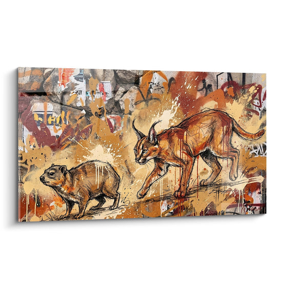 Schilderij Caracal en Knagendier in Kleurexplosie van Oker - Wild Instinct - Editie Caracal