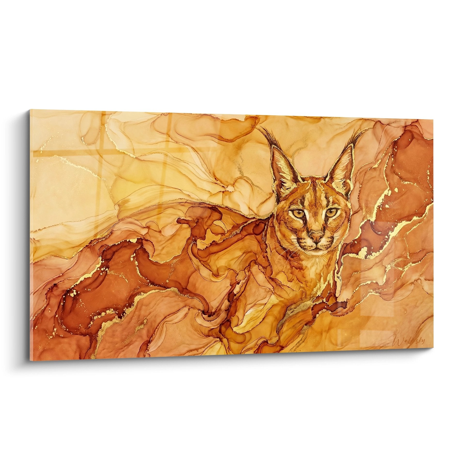 Caracal-Luchs-Gemälde mit spitzen Ohren in fließender goldener und orangefarbener Marmorierung im zeitgenössischen Kunststil