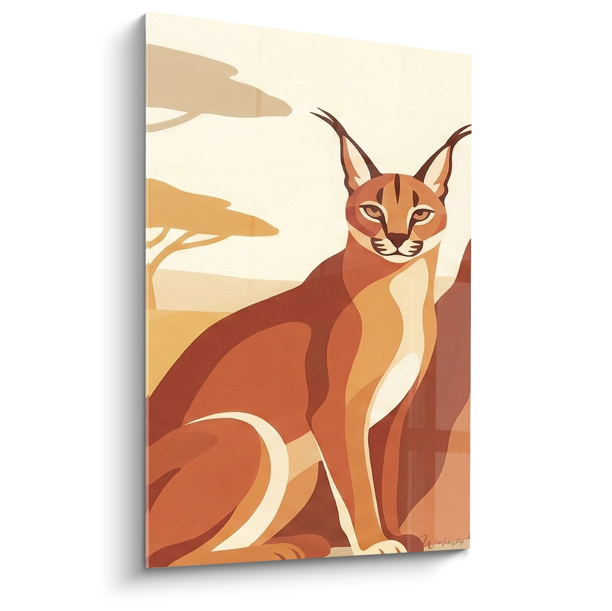 Dekoratives Wandbild eines rotbraun gefärbten Caracals in Ockertönen in einer stilisierten Wüstenlandschaft mit warmen Nuancen