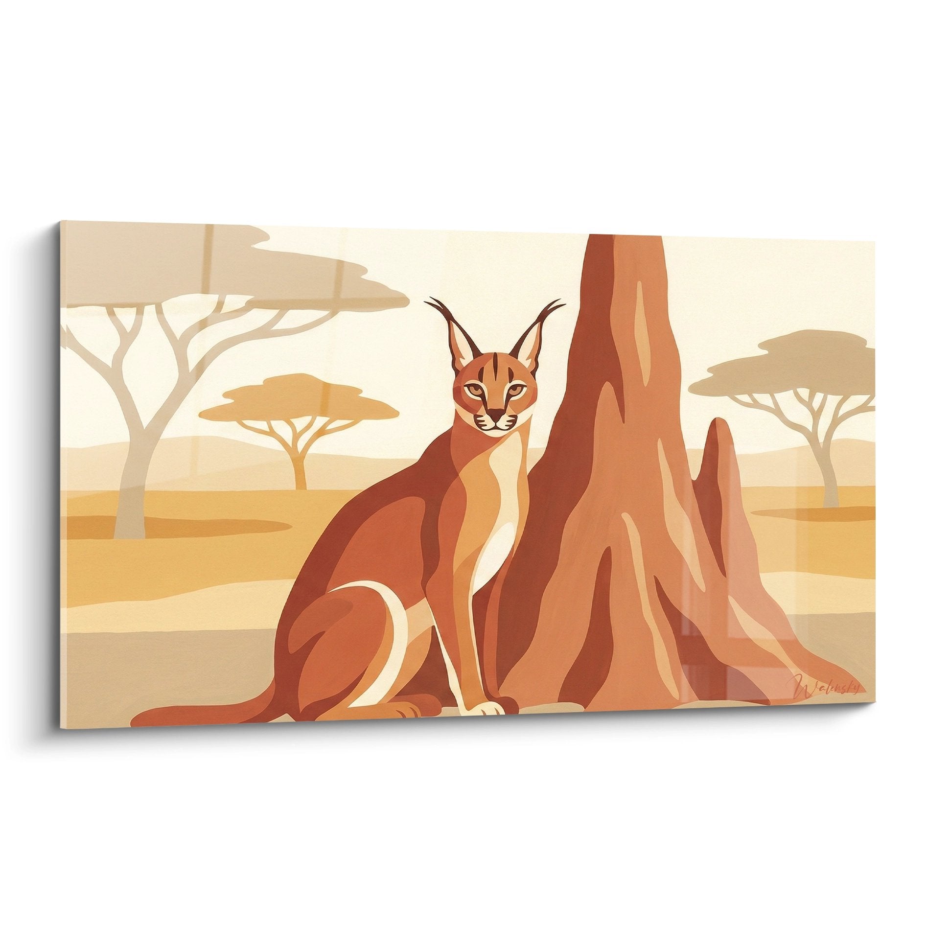 Gemälde einer rotbraunen Caracal, die neben einem ocker-farbigen Felsen in einer goldenen Savanne mit Akazien im Hintergrund sitzt, naturalistischer Stil