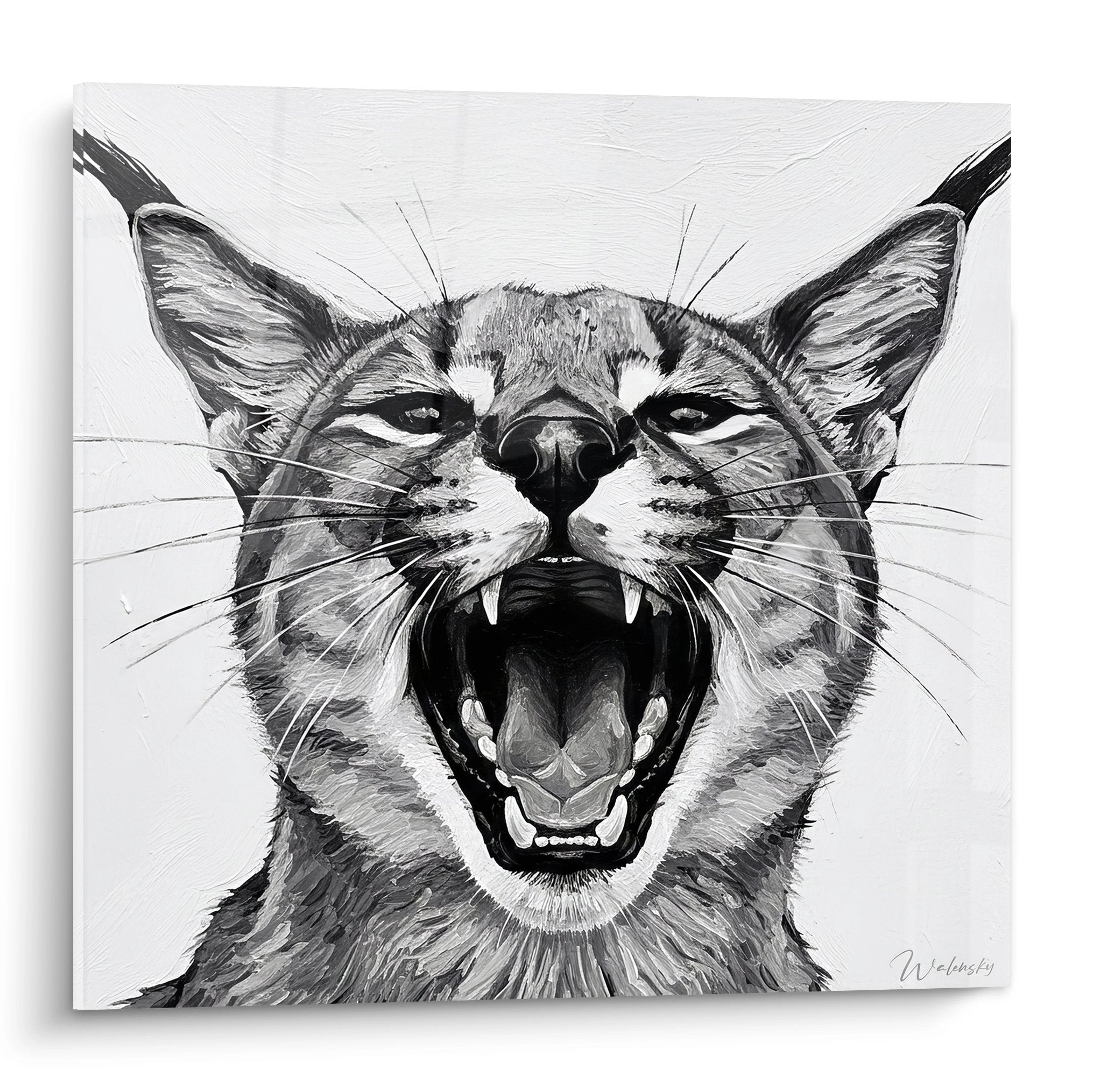 Schwarzweißes Karibu-Gemälde mit offenem Maul, brüllend, Zähne sichtbar, realistische intensive Zeichnung, wilde Wanddekoration