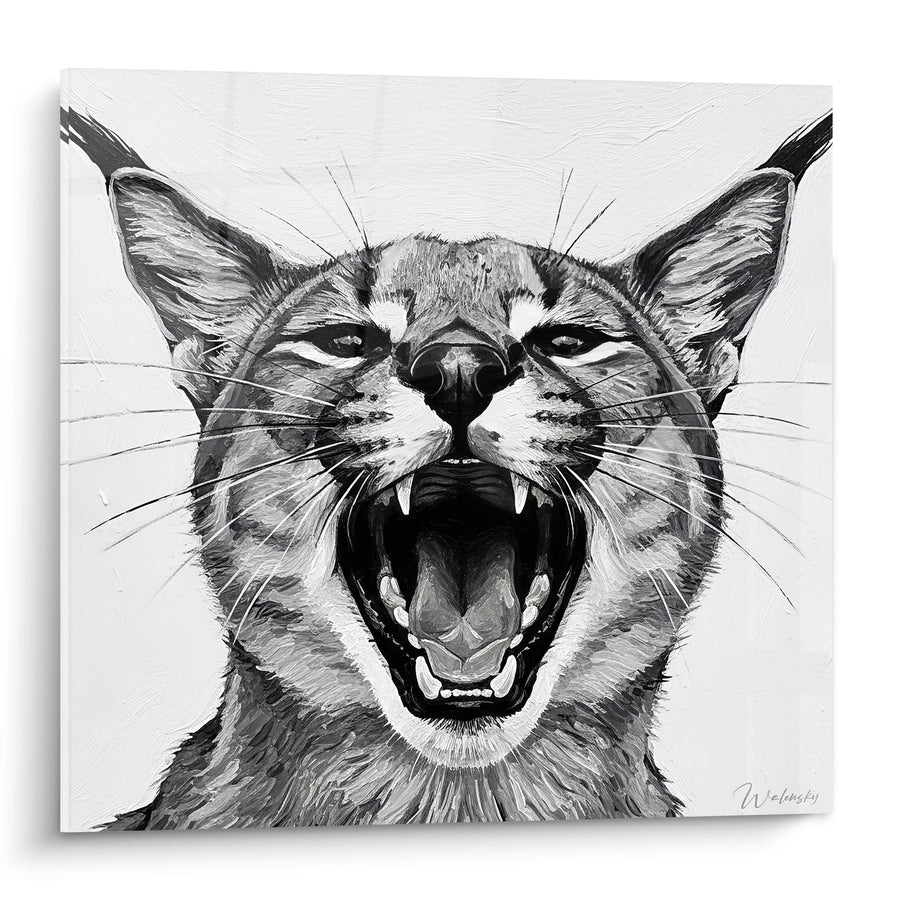 Tableau Caracal Noir et Blanc Gueule Ouverte - Rugissement Sauvage - Edition Caracal