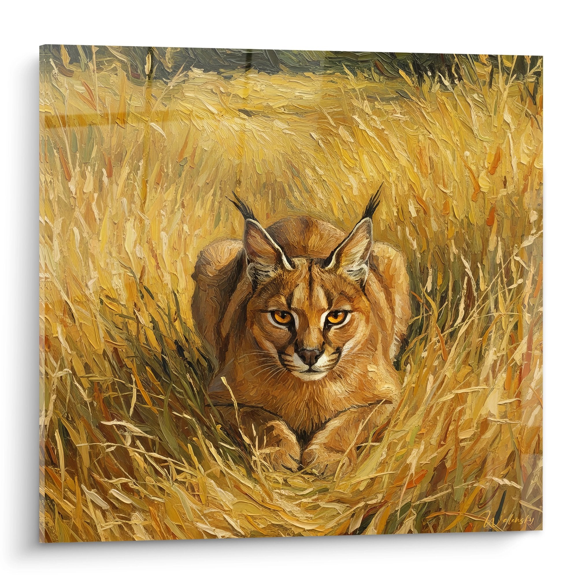 Caracal-Gemälde mit bernsteinfarbenen Augen, versteckt in goldenem Gras, Wildtier-Malerei in Ockertönen