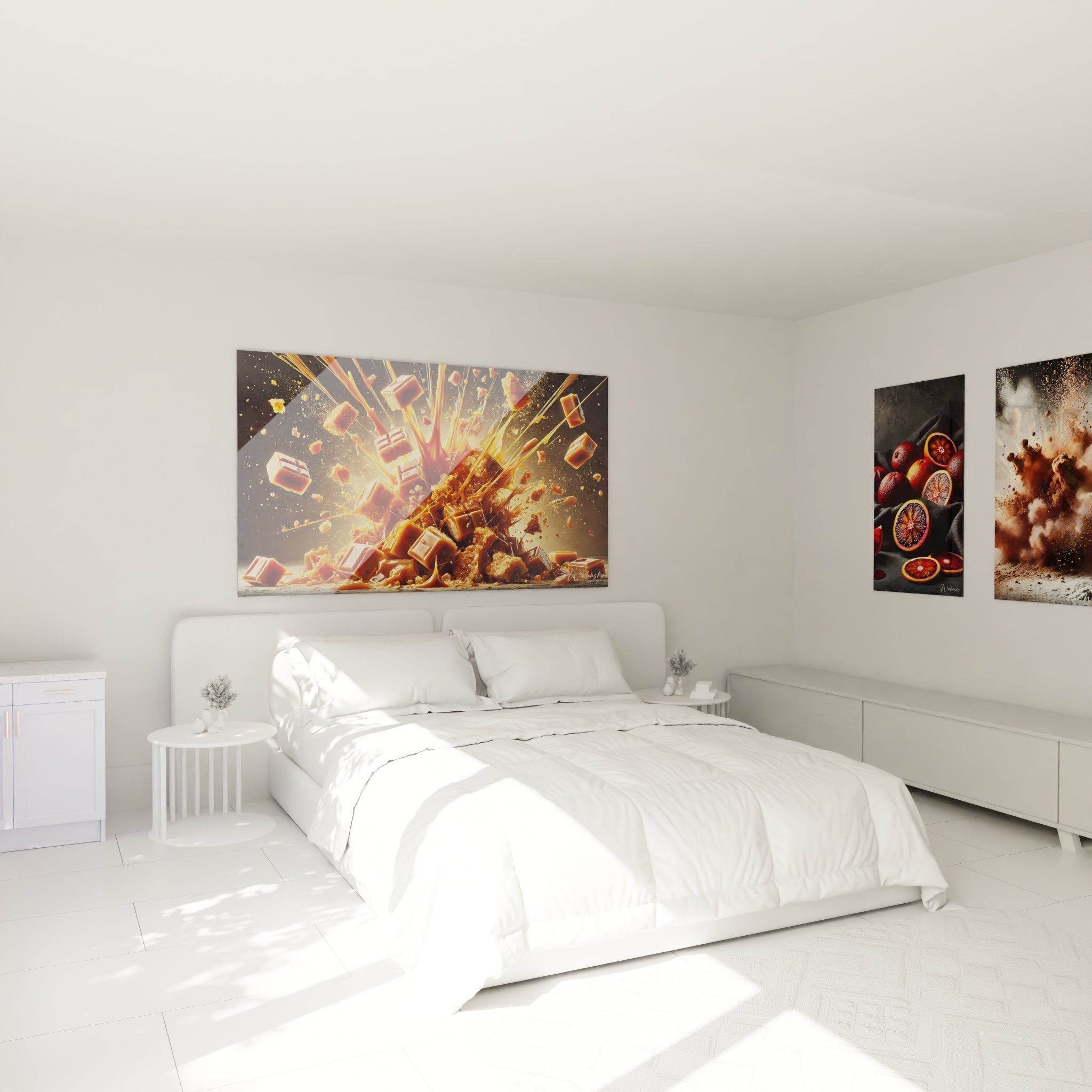 Accroché au mur de la chambre au-dessus du lit, ce tableau cuisine fait briller des éclats dorés de caramel et des touches de marron, apportant chaleur et dynamisme à l'espace.

