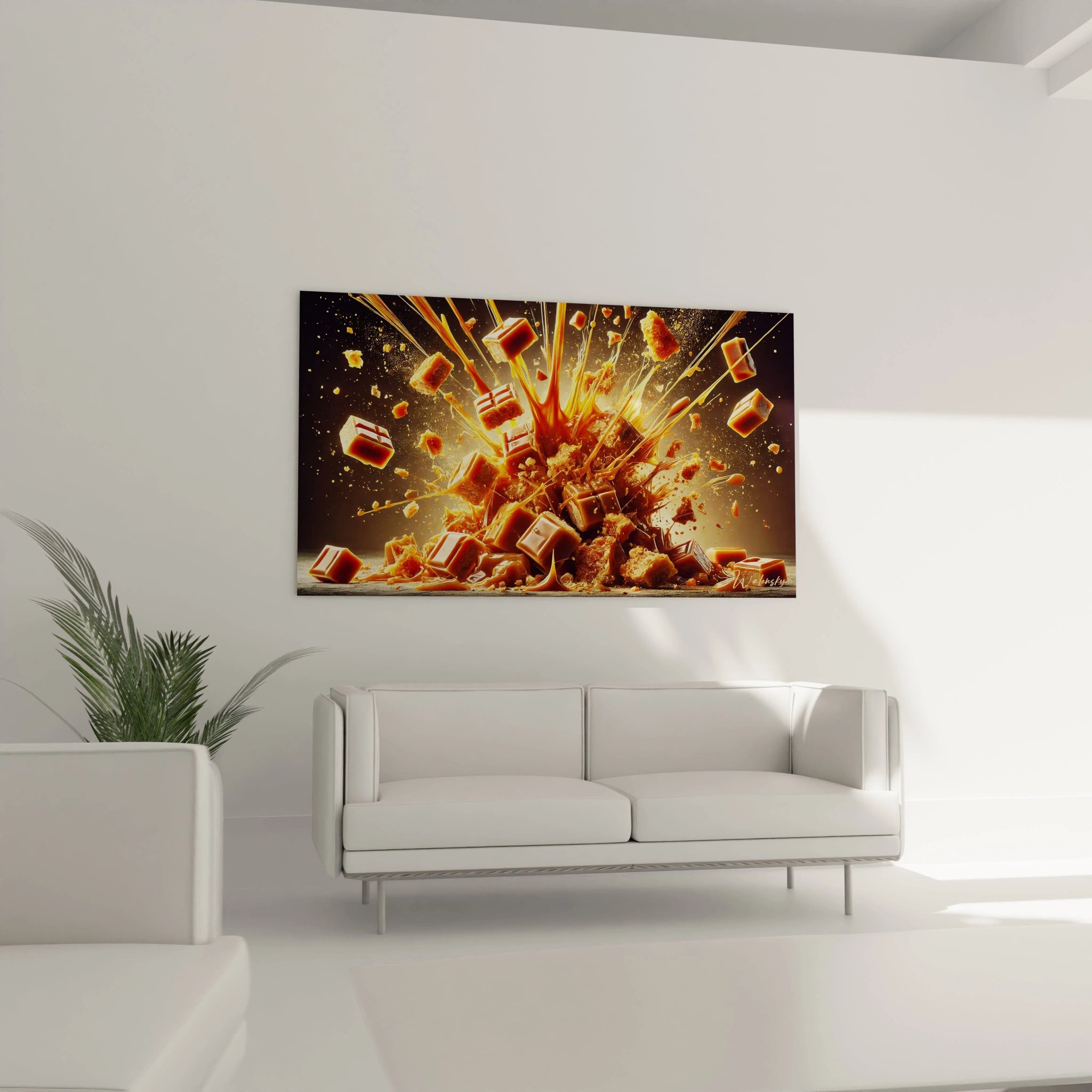 Dans le salon, au-dessus du canapé, le tableau cuisine transforme l'espace avec ses éclats de caramel suspendus, créant une ambiance gourmande et festive qui anime toute la pièce.


