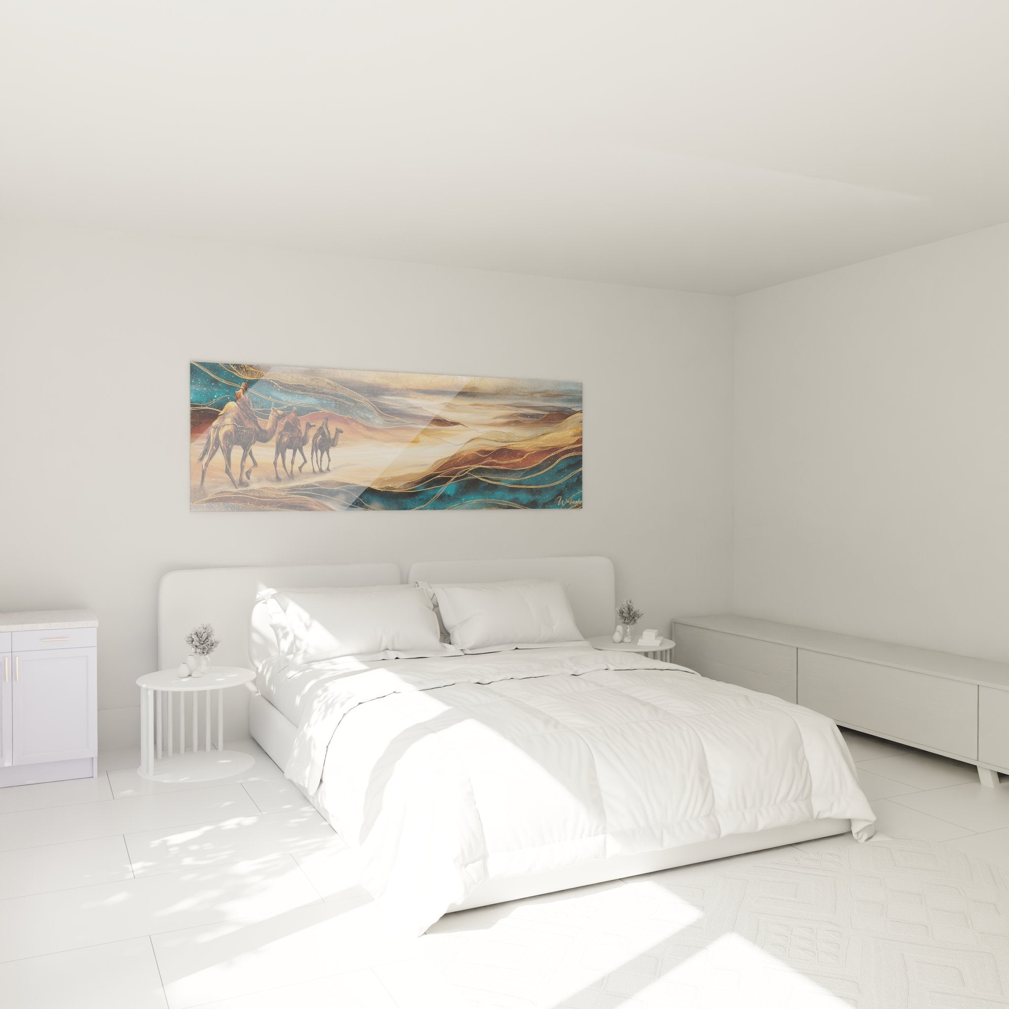 Ambiance chambre avec tableau caravane désert chameaux décoration murale orientale tons chauds