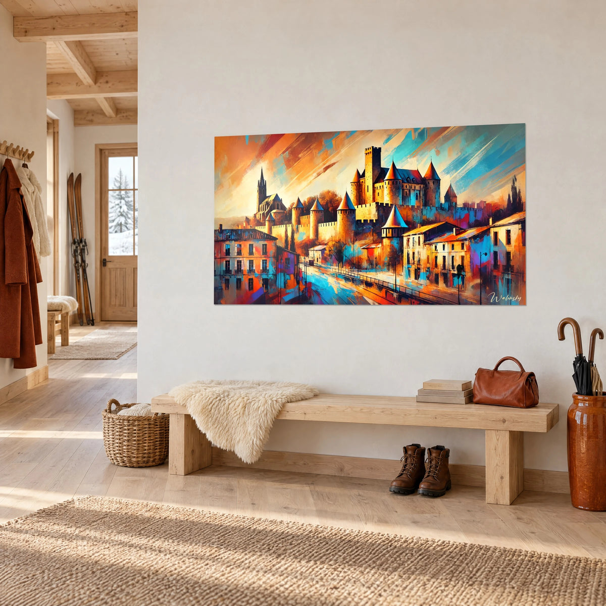 Gemälde der befestigten Stadt Carcassonne mit goldenen Wehrmauern, roten und violetten Fassaden, über einer Holzbank im Eingangsbereich