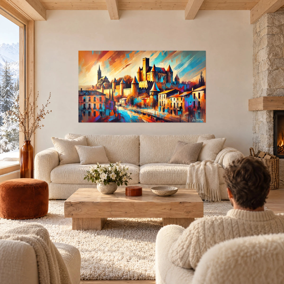 Gemälde einer mittelalterlichen Zitadelle mit ockerfarbenen und goldenen Kegeltürmen, orangefarbener und türkisblauer Himmel, über einem Sofa in einem hellen Wohnzimmer