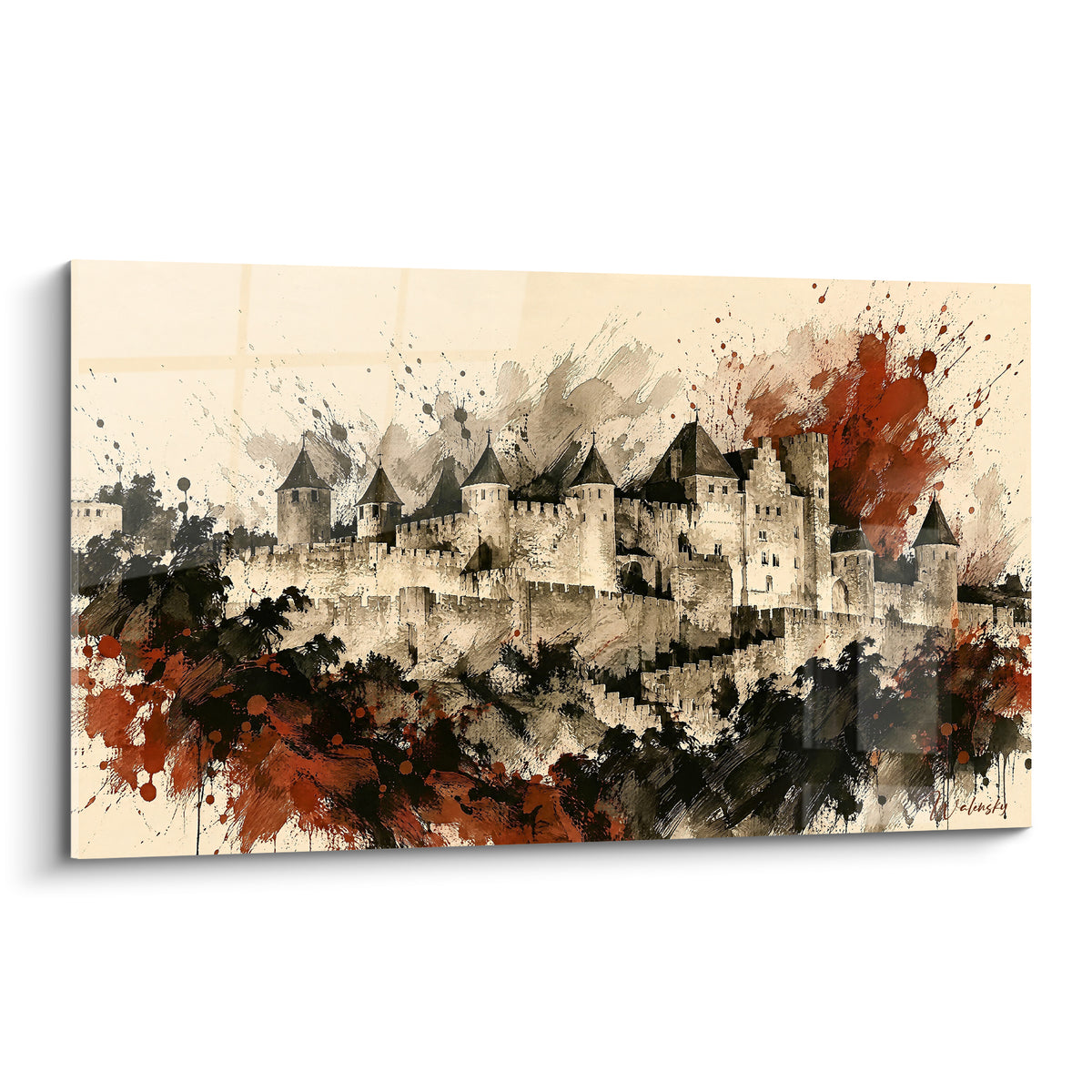 Cité fortifiée de Carcassonne aux tours beiges et taches terracotta, dessin à l'encre détaillé