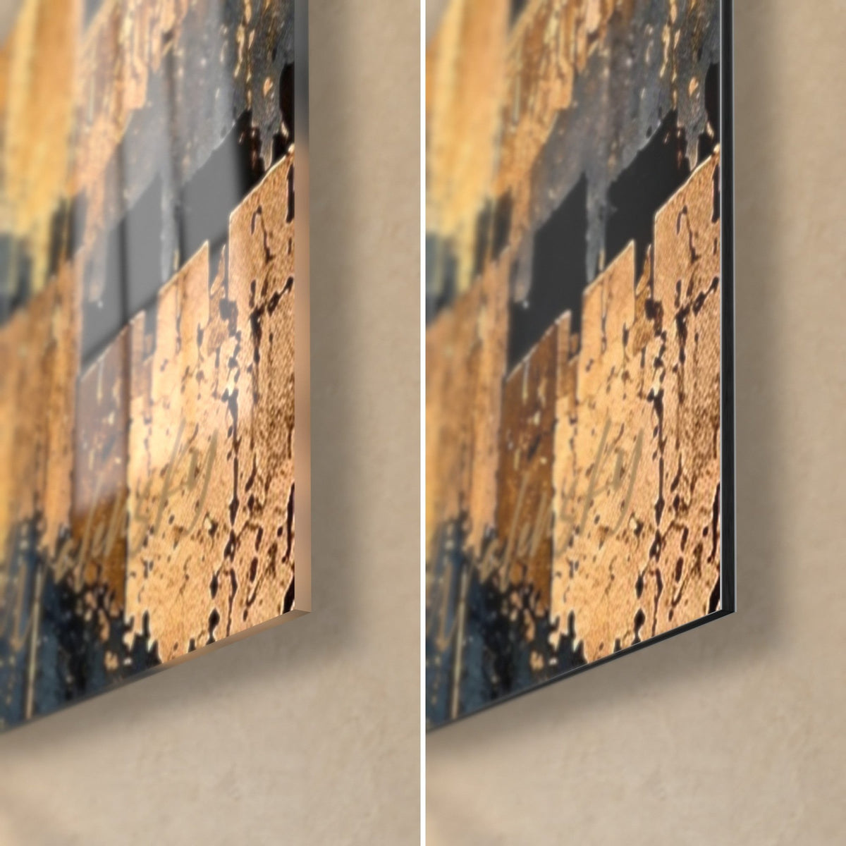 Tableau château médiéval doré, coin bas droit : verre acrylique brillant à gauche, alu Dibond mat à droite, tranche noire de 3 mm
