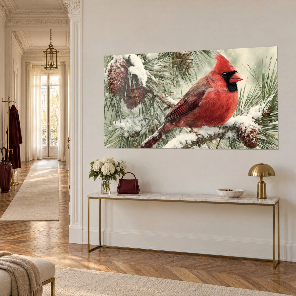 Wall art of a scarlet bird with a black mask and orange beak, frosted sage-green needles, three-quarter view in a Haussmann-style hallway