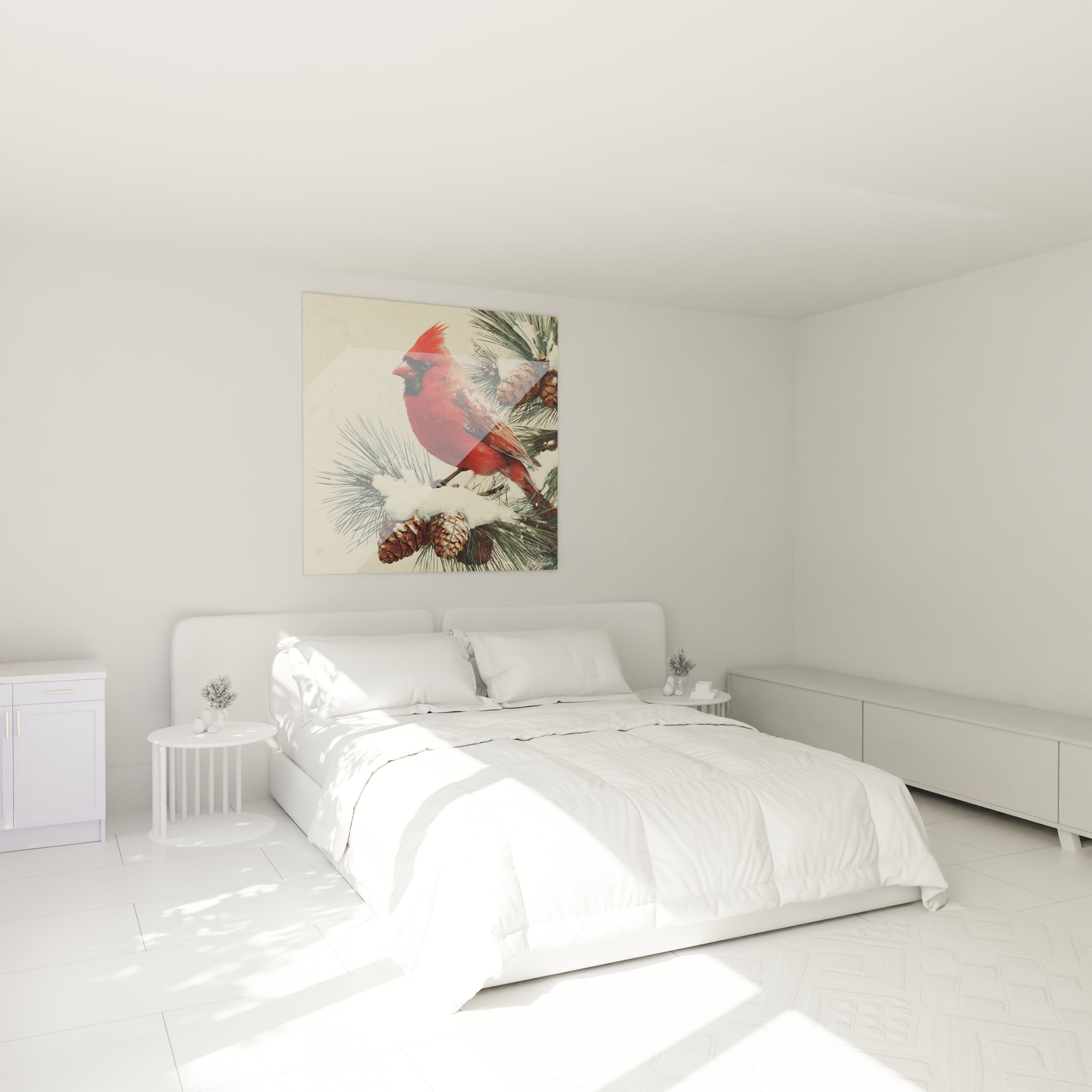 Tableau mural cardinal rouge Noël sur un mur neutre dans une chambre lumineuse et moderne
