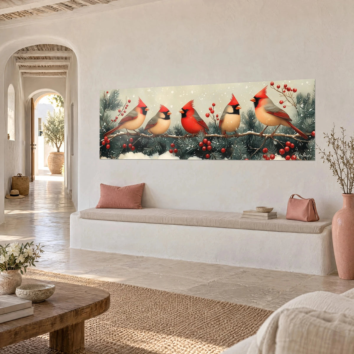 Wall art of five purple-crested songbirds on a pine branch, snowy cream background, three-quarter view, white stone bench