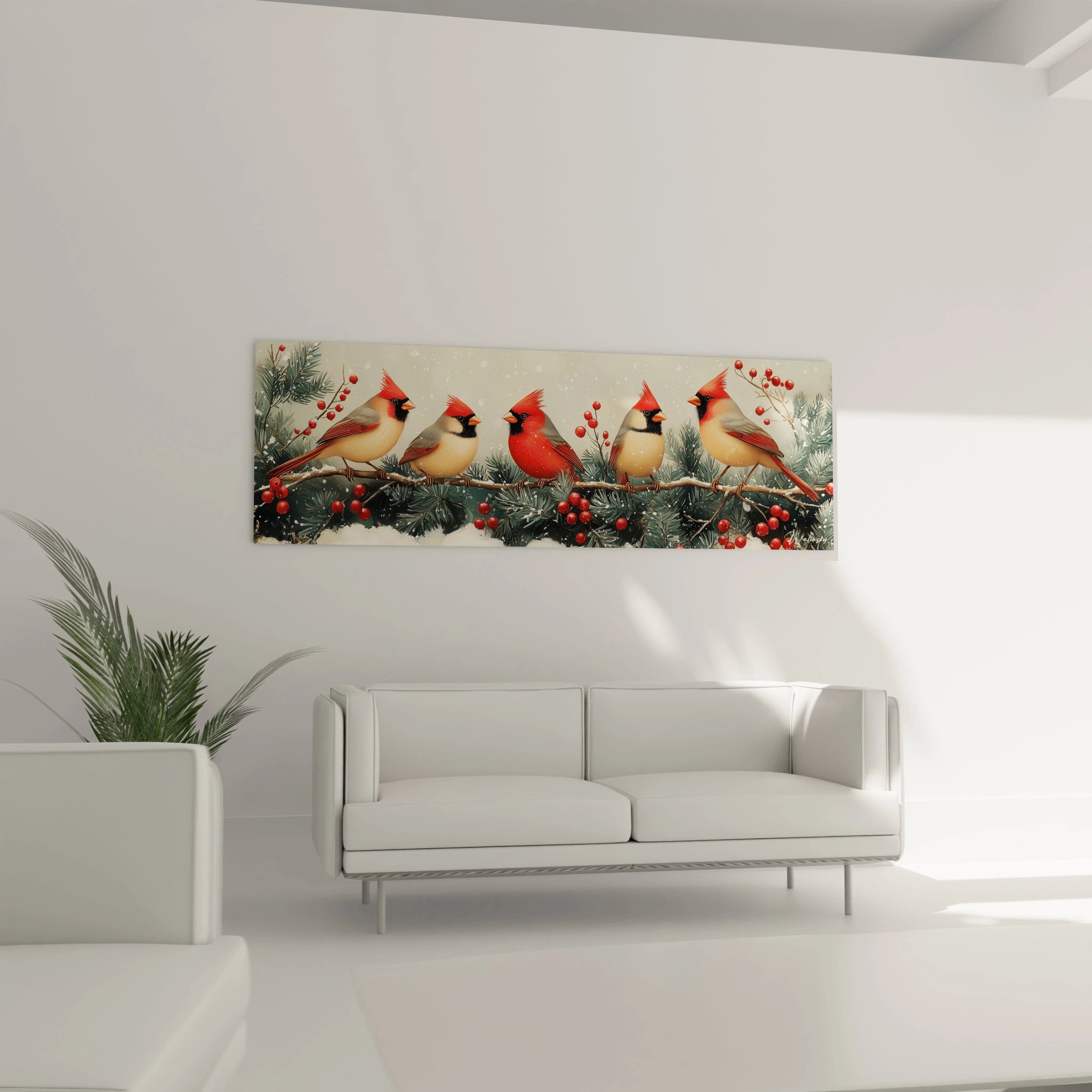 Tableau oiseau Walensky avec cinq oiseaux colorés perchés sur une branche enneigée décorée de baies rouges