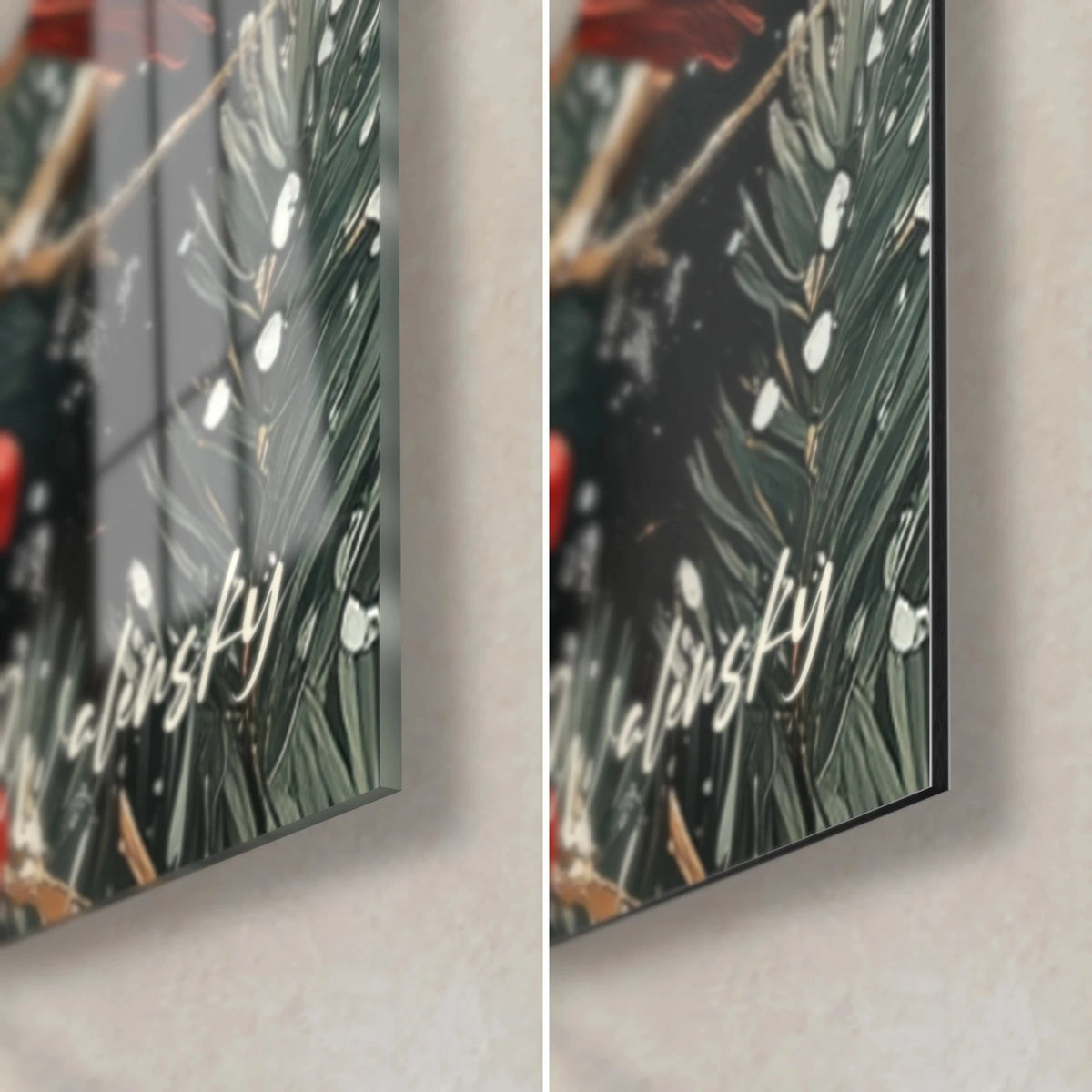 Wall art of cardinals on a pine branch, bottom right corner, glossy glass with reflections on the left, matte black Dibond on the right, 3 mm edge
