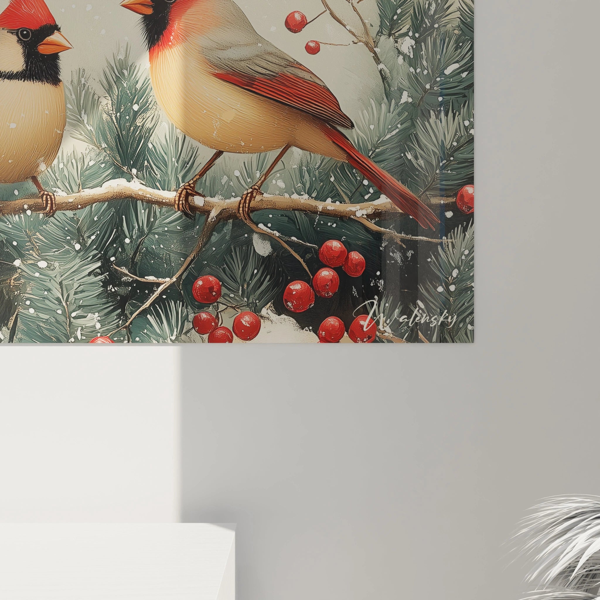 Tableau oiseau Walensky représentant deux oiseaux colorés sur une branche avec des baies rouges et des feuilles vertes